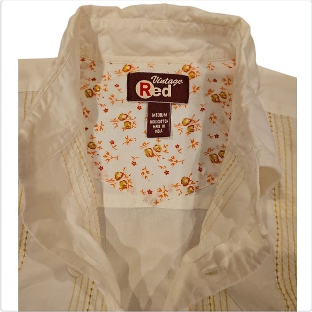 Vintage Red Mens Medium White Button-Up Shirt 100% Cotton Embroidered Front Made - Picture 3 of 7